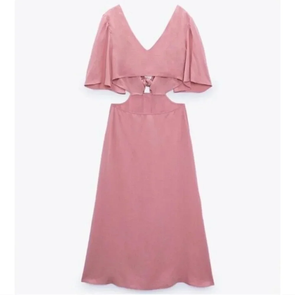 Zara Tie Bow Front Cut Out Midi Dress Light Pink NWT Size XL - Picture 3 of 10